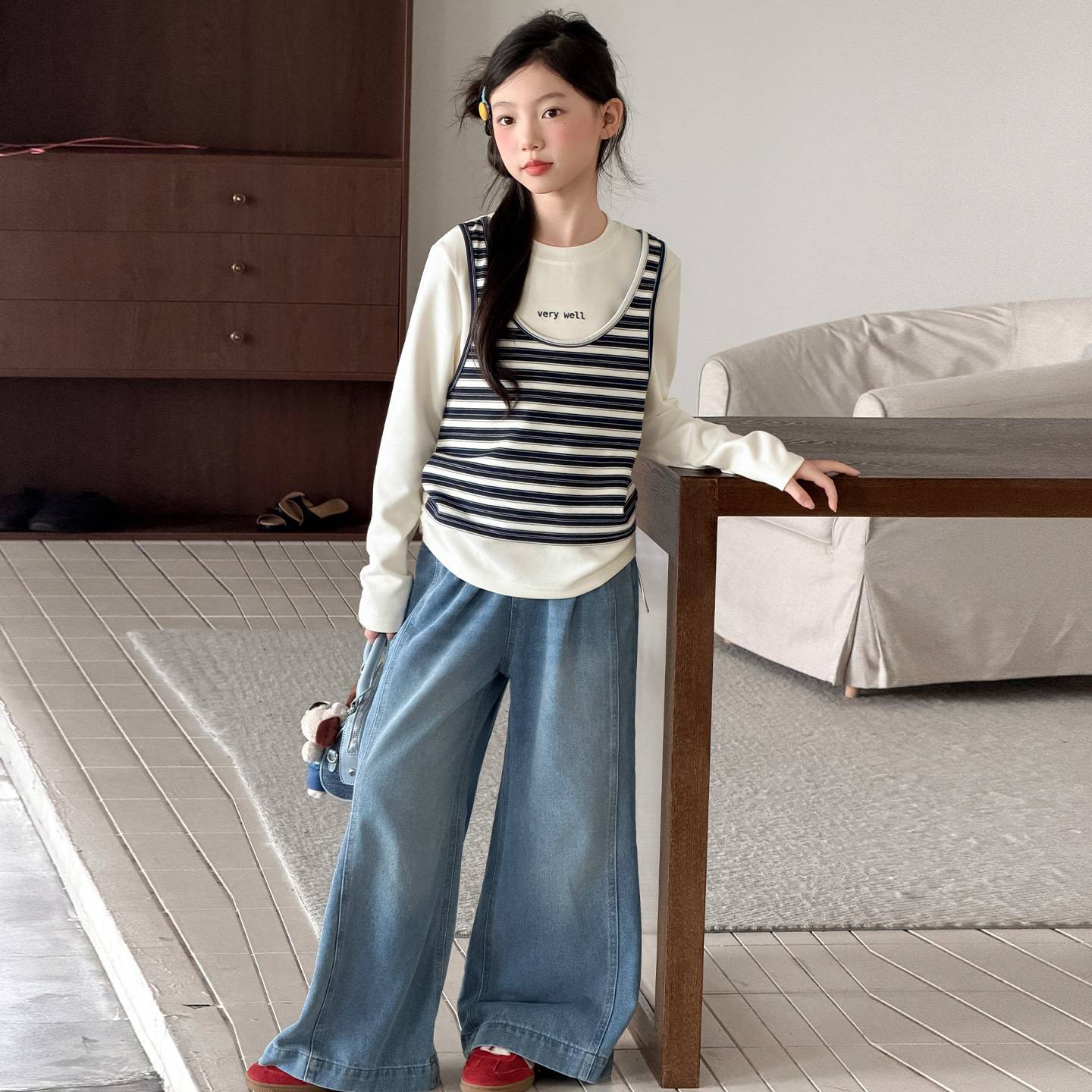 女童秋季韩系条纹套装2026新款