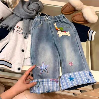 女童加绒牛仔裤2025冬季新款涂鸦