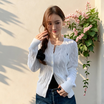 拉夫麻花毛衣开衫女纯棉小众设计感气质复古小马标针织衫外套上衣