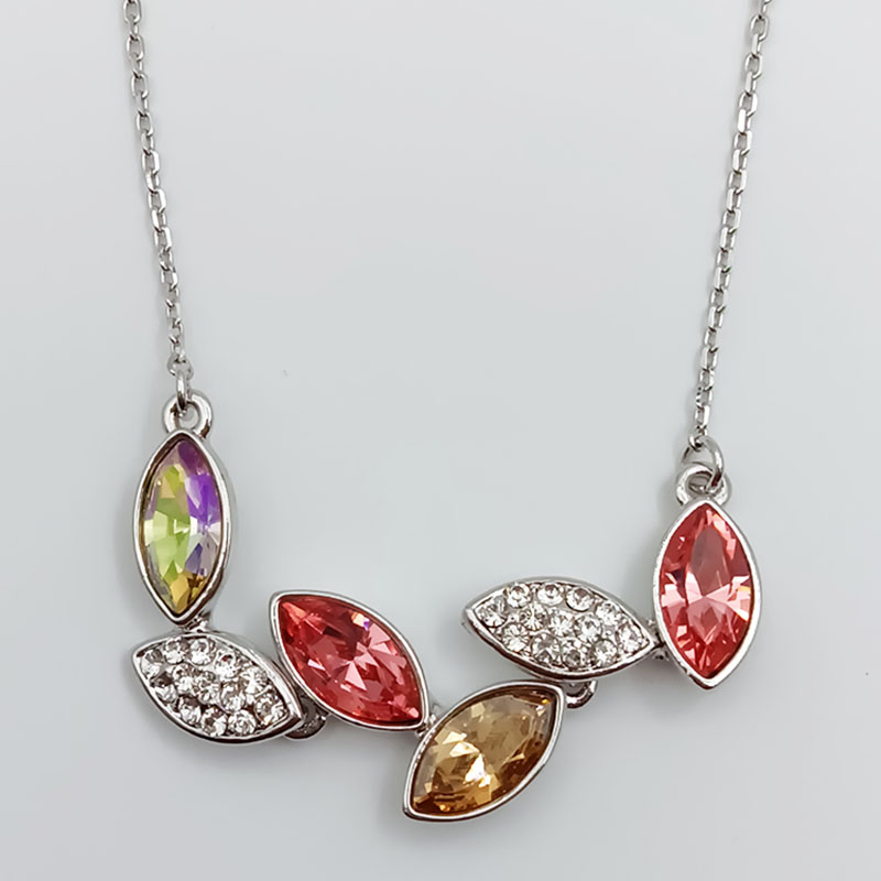 铜镀白金项链多彩宝石柳叶型吊坠