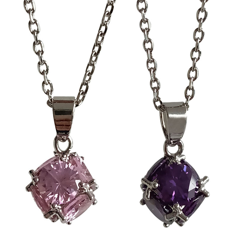 铜镀白金粉/紫色彩宝六面石项链
