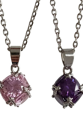 铜镀白金粉/紫色彩宝六面石项链