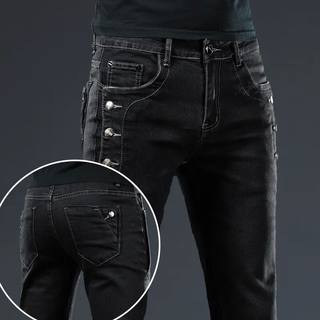 Trendy Men Clothing Slim Button Black Jeans Solid Color Stre