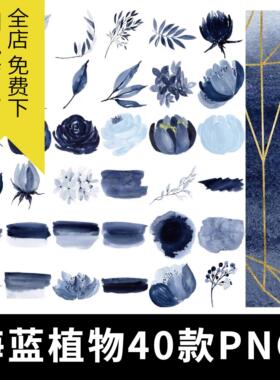 海蓝色水彩花卉金箔线婚礼邀请函设计感卡片PNG免扣PS设计元素材