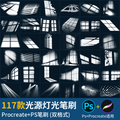 ps笔刷procreate笔刷窗户植物光束阳光光线光影阴影装饰元素素材