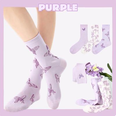淡紫色袜子女春夏文艺立体蝴蝶清新彩色浮雕无骨中筒精梳棉多巴胺