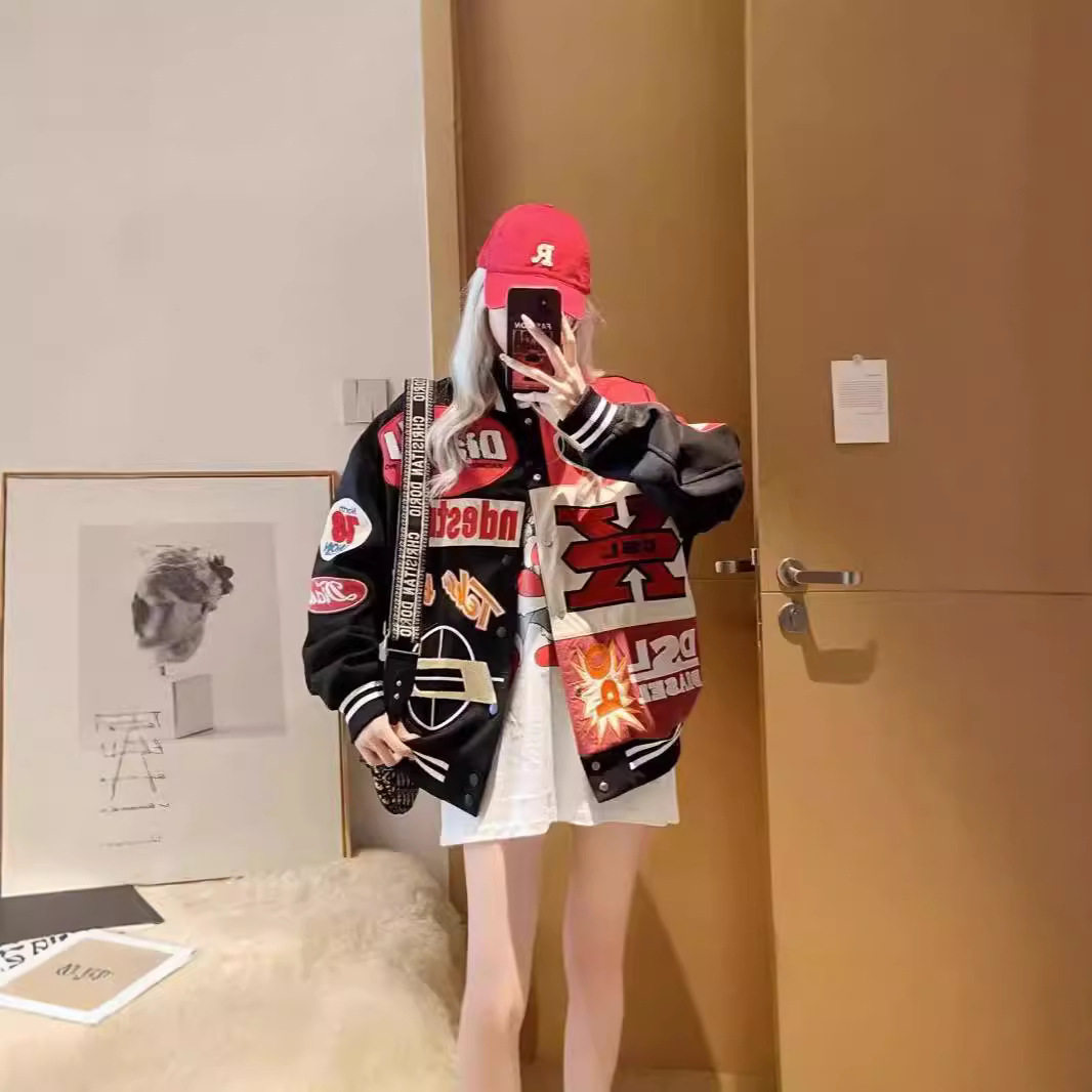 美式可拆卸机车服外套情侣复古嘻哈宽松百搭情侣棒球服新款夹克
