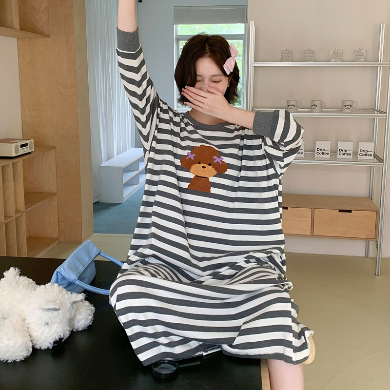 条纹泰迪狗长袖睡裙女春秋长款过膝韩版休闲大码孕妇胖MM睡衣家居
