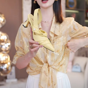 范家手工女鞋~跟高6CM羊皮尖头气质时尚欧若风百搭时装浅口凉鞋女