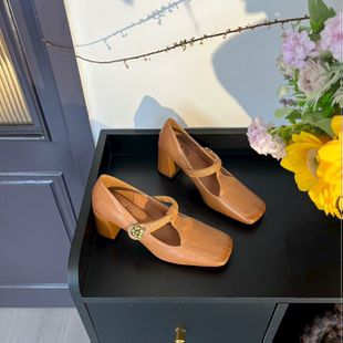 范家手工女鞋~跟6cm牛皮方头粗跟法式百搭气质单鞋女显瘦浅口时尚