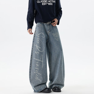宽松直筒裤 休闲牛仔裤 男女 ins嘻哈街头复古做旧水洗男士 妈个鸡妈