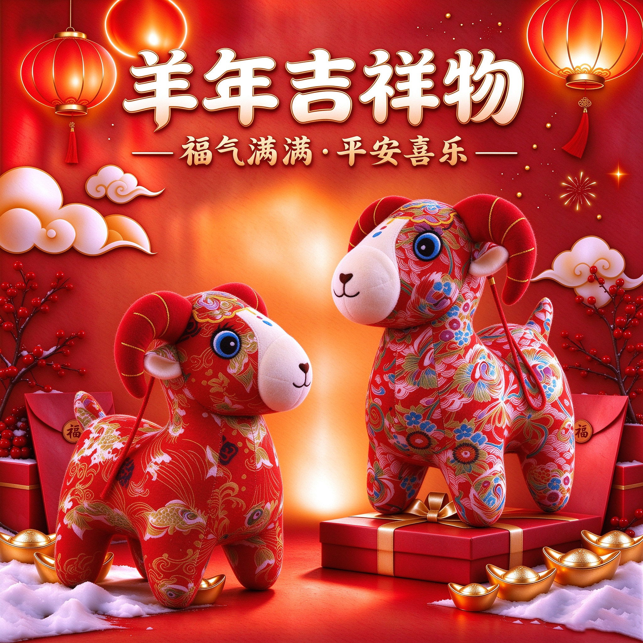 国风花布羊吉祥物年会礼品