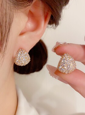 巧欢时尚精致超闪银色锆石水滴耳钉s925银针小众设计感气质耳环