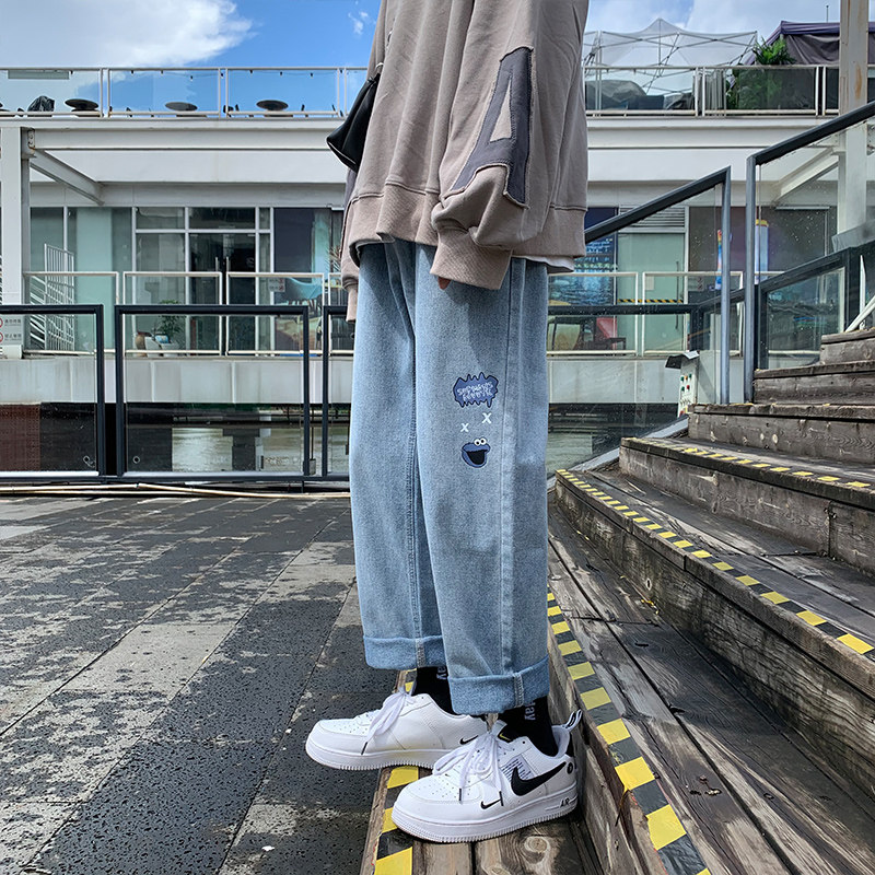 Super high harbor print loose fitting straight jeans with neutral style