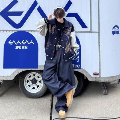 秋冬新款欧美嘻哈男女情侣重工刺绣原宿风设计感小众加厚外套夹克