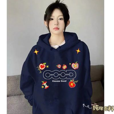 2025国潮美式设计感印花加绒纯棉连帽卫衣男女情侣秋冬加厚帽衫