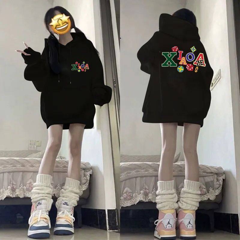 韩版ins欧美高街字母加绒连帽卫衣情侣宽松百搭秋冬男女加厚帽衫
