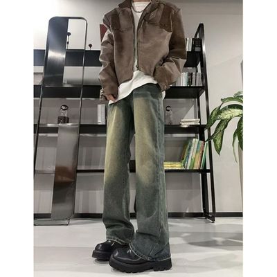 半松紧加绒复古蓝直筒男款牛仔裤2025年秋冬潮流帅气痞帅百搭裤子