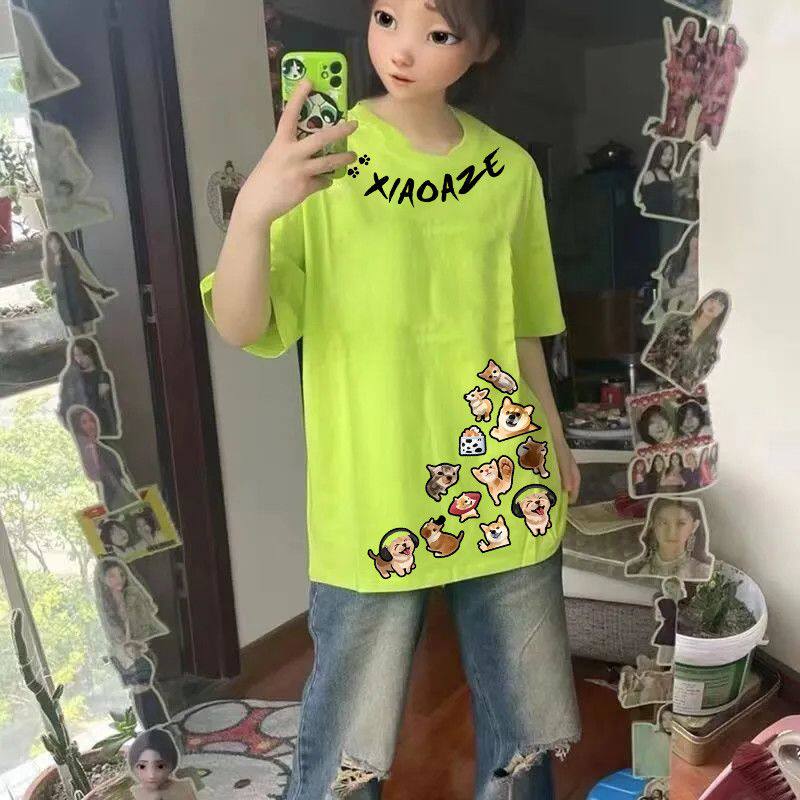 荧光绿美式复古可爱卡通印花短袖韩版潮牌男女宽松夏季半袖T恤