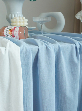 复古森系浅蓝色桌布棉麻布艺清新婚礼生日会议甜品台布置背景布料