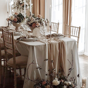 秋天米白色复古甜品台桌布茶歇日式 饰布置背景 棉麻结婚礼氛围感装