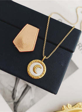 加长圆盘白贝母月亮大码毛衣链