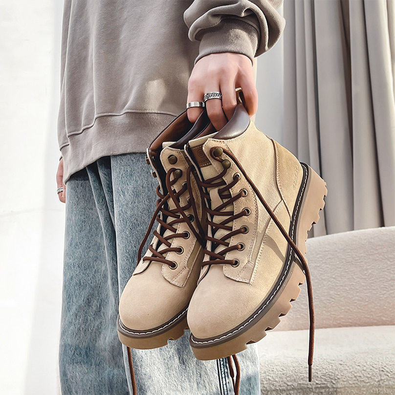 秋季新款马丁靴大黄靴男高帮女工装靴真皮靴英伦风复古潮男沙漠