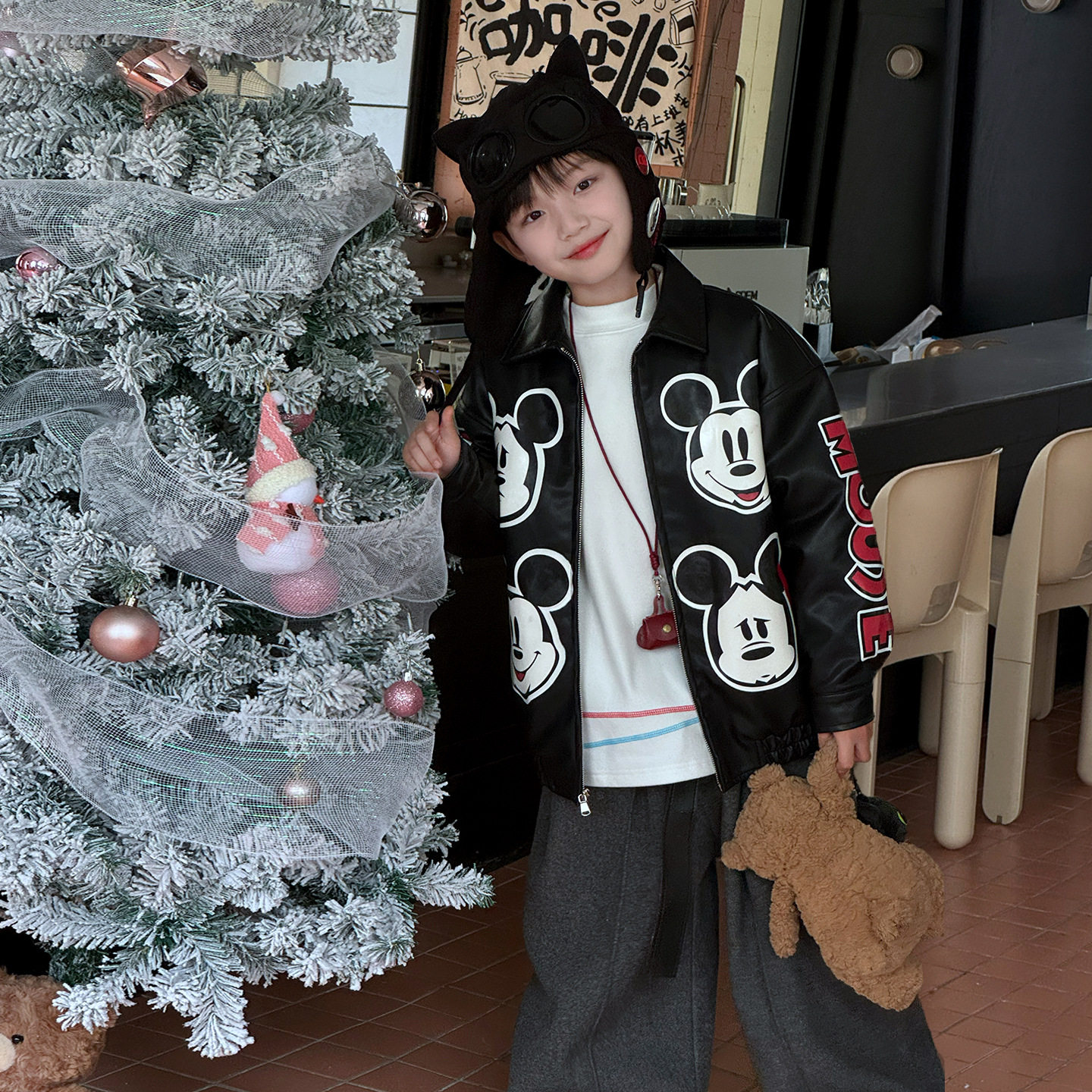 顽兔2025男童冬款时尚米奇印花中大童外套翻领绗棉加厚儿童皮衣潮