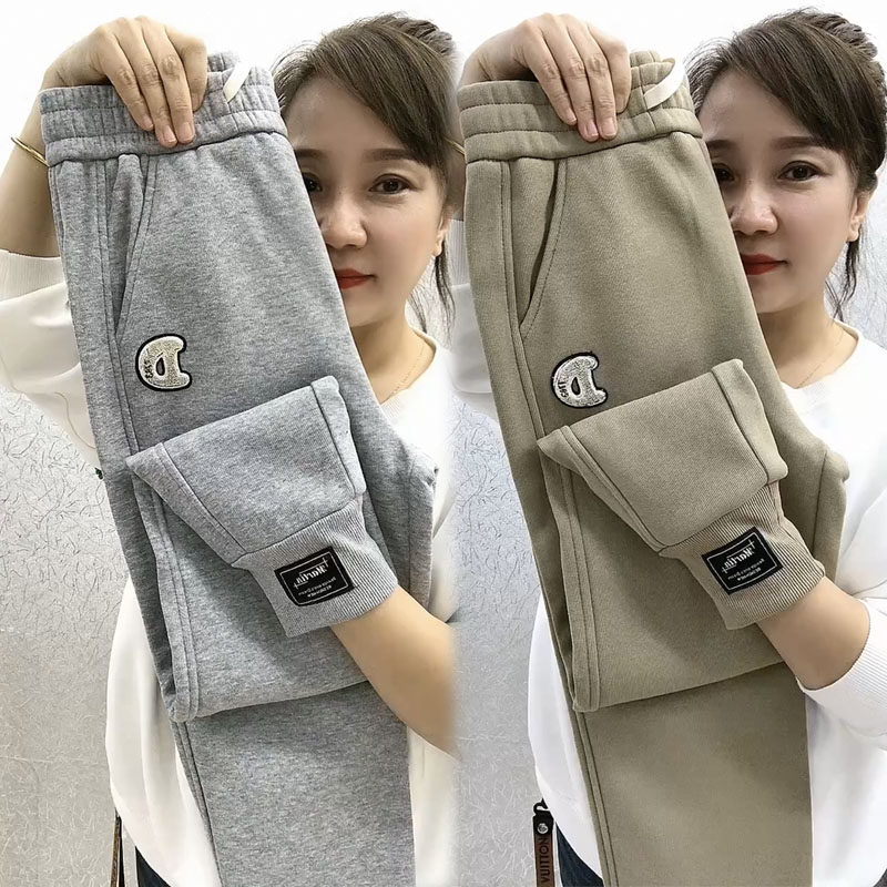 冬季新款加绒加厚休闲卫裤女韩版宽松束脚哈伦裤百搭显瘦运动裤潮