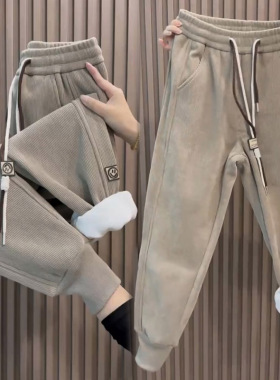 冬季新款加绒加厚卫裤女百搭显瘦束脚哈伦裤高腰宽松休闲运动裤
