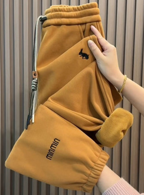 加绒加厚卫裤女冬季新款宽松刺绣束脚哈伦裤时尚显瘦休闲运动裤