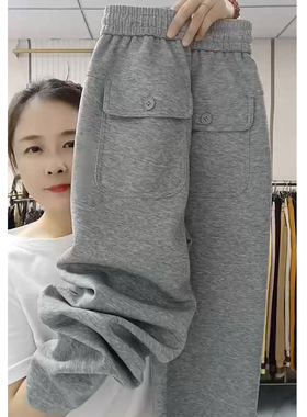 加绒加厚直筒卫裤女冬季新款宽松显瘦小脚哈伦裤高腰休闲运动裤