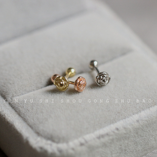 一朵玫瑰花螺丝耳骨钉女纯银镀14K金迷你拧扣立体花朵玫瑰金耳钉