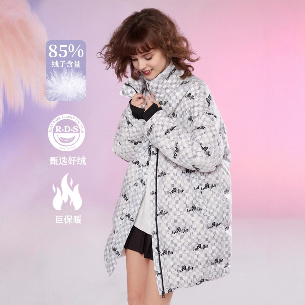 新款欧美长款棋盘格欧根纱刺绣感时尚面包服抗寒外套羽绒
