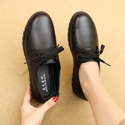 春秋款真皮系带平底单鞋女黑色软底防滑妈妈鞋上班工作鞋圆头皮鞋