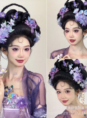 古风蝴蝶头饰紫色古风发饰 汉服烫花发夹绢花新款古典舞紫色发饰