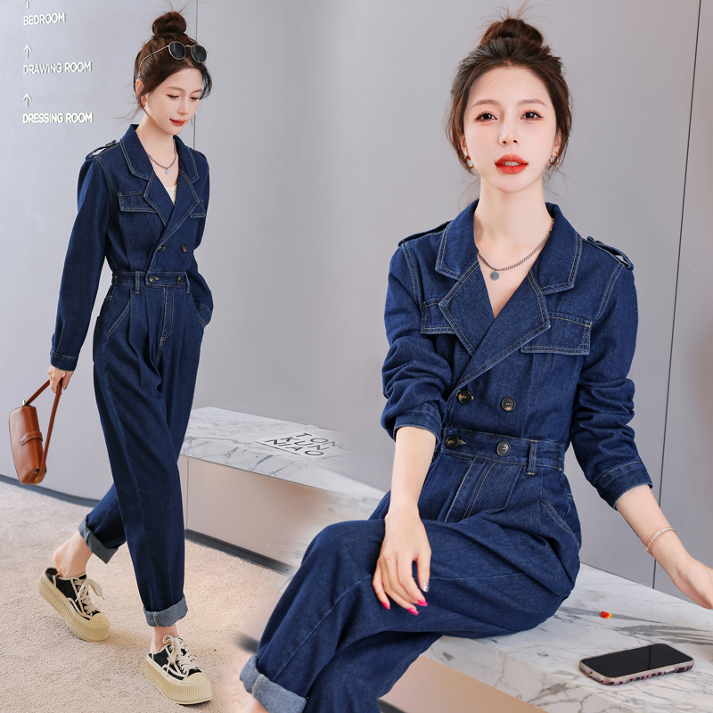 西装领牛仔连体裤女小个子2025春秋新款时尚洋气减龄高级感连衣裤