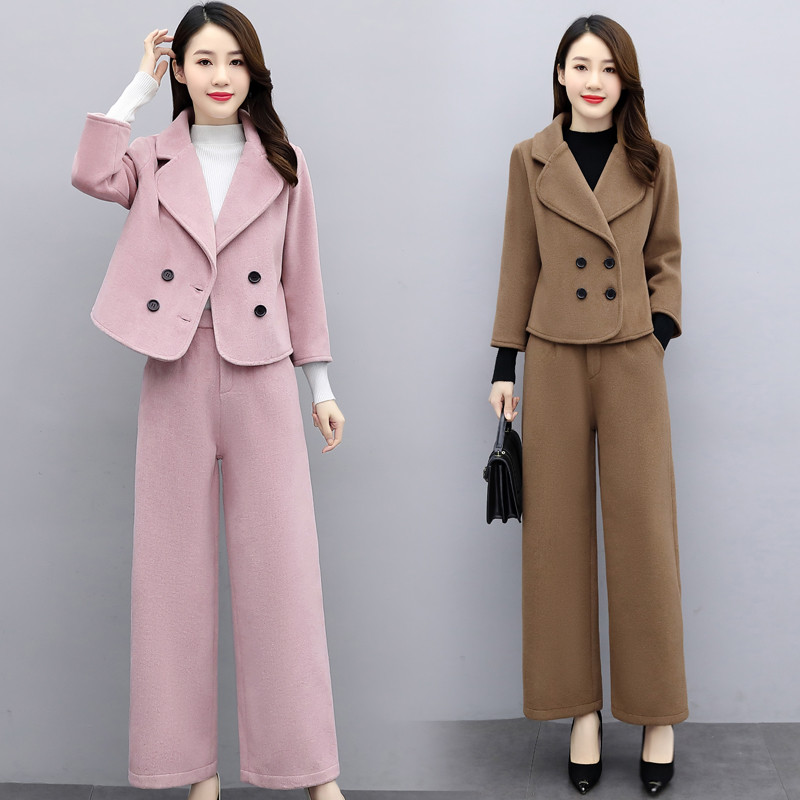 职业毛呢套装女高级感2025春秋新款时尚洋气减龄西装阔腿裤两件套