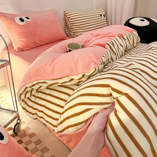 ins天蓝色条纹混搭双面牛奶绒四件套珊瑚绒床单床上冬季加厚被u.