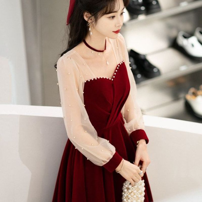 女敬酒服结婚新娘小个子礼服裙酒红色订婚回门春夏季连衣裙