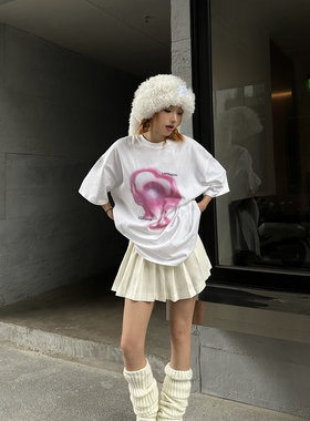 LOADINGFILES「交换思想」2023夏季新款宽松印花短袖女阔版白T恤