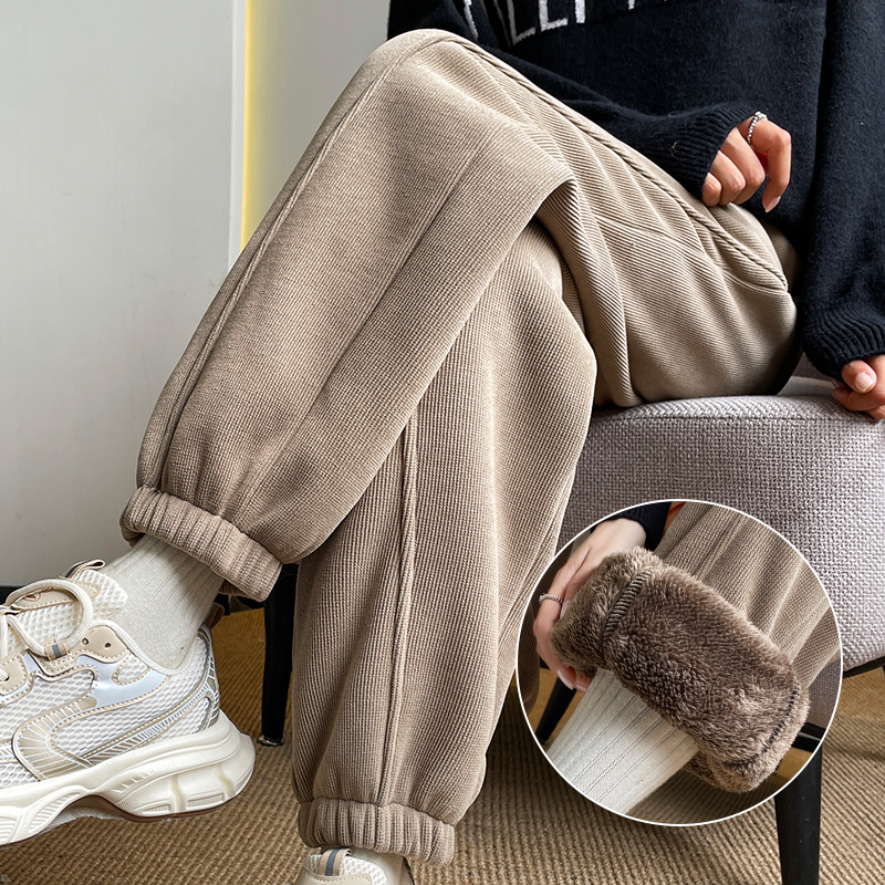 清仓捡漏～咖色加绒裤子女春秋束脚运动卫裤冬季羊羔绒休闲哈伦裤