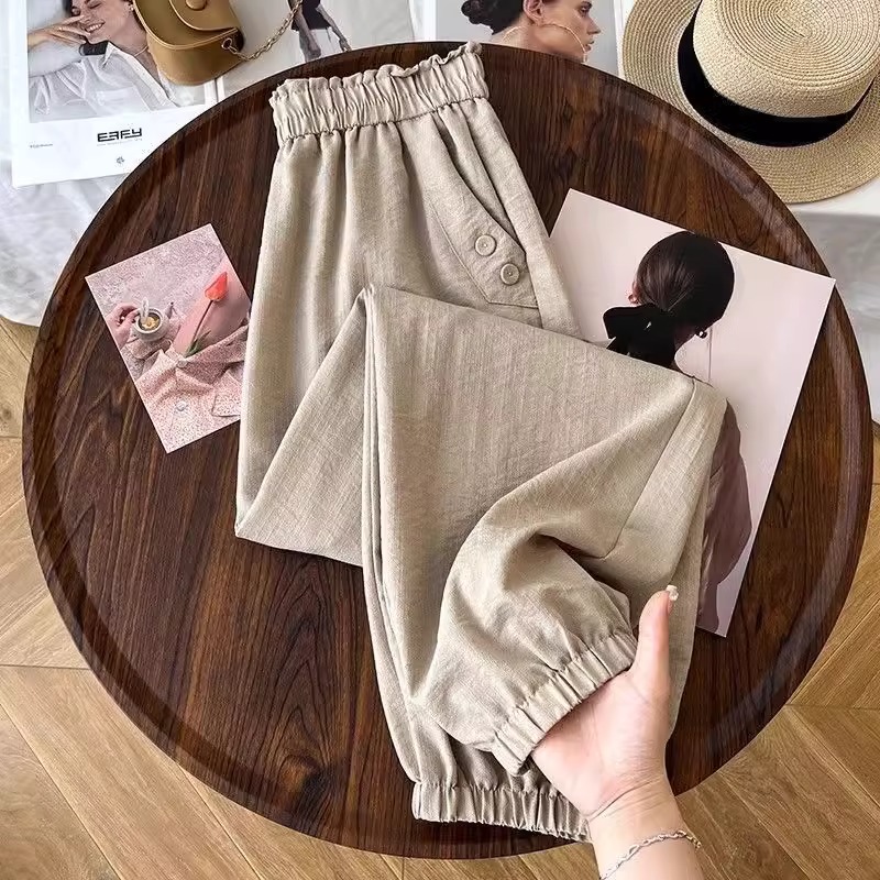 清仓捡漏～冰丝麻九分裤女夏季薄款休闲束脚高腰显瘦哈伦萝卜裤子