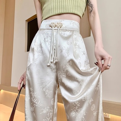 清仓捡漏～新中式国风阔腿裤女春夏季薄款提花缎面高腰休闲直筒裤