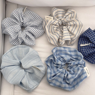法式大肠圈天空蓝格子发圈复古百搭布艺发绳头饰森系头绳网红发饰