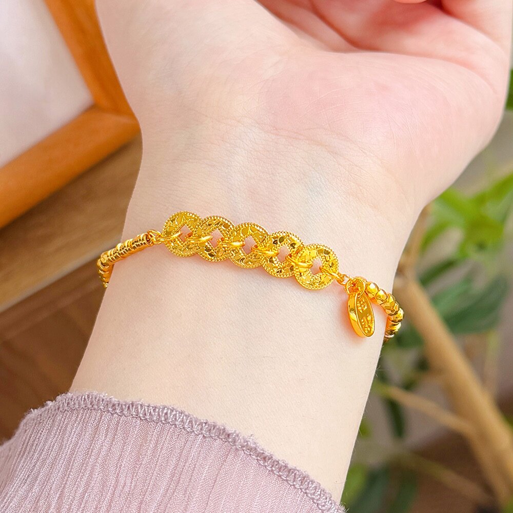 新款仿真黄金色碎冰冰五帝钱手链新中式招财纳福转运手串七夕礼物