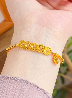 新款仿真黄金色碎冰冰五帝钱手链新中式招财纳福转运手串七夕礼物