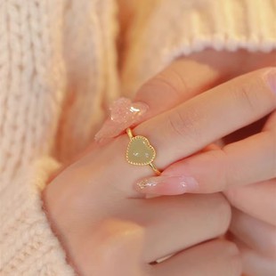 新中式复古和田玉方糖戒指女小众设计轻奢高级感开口食指戒送女友