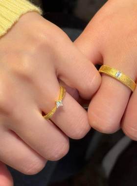 方形钻石拉丝金色情侣开口对戒