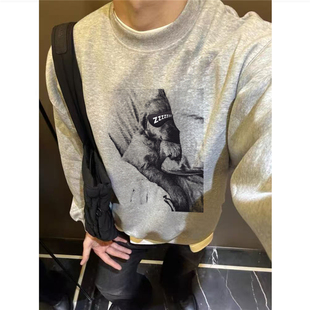 加绒加厚宽松长袖 上衣 复古套头圆领卫衣男秋冬款 重磅纯棉高街美式